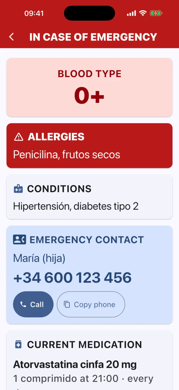 Ficha de emergencia con grupo sanguíneo, alergias y contacto