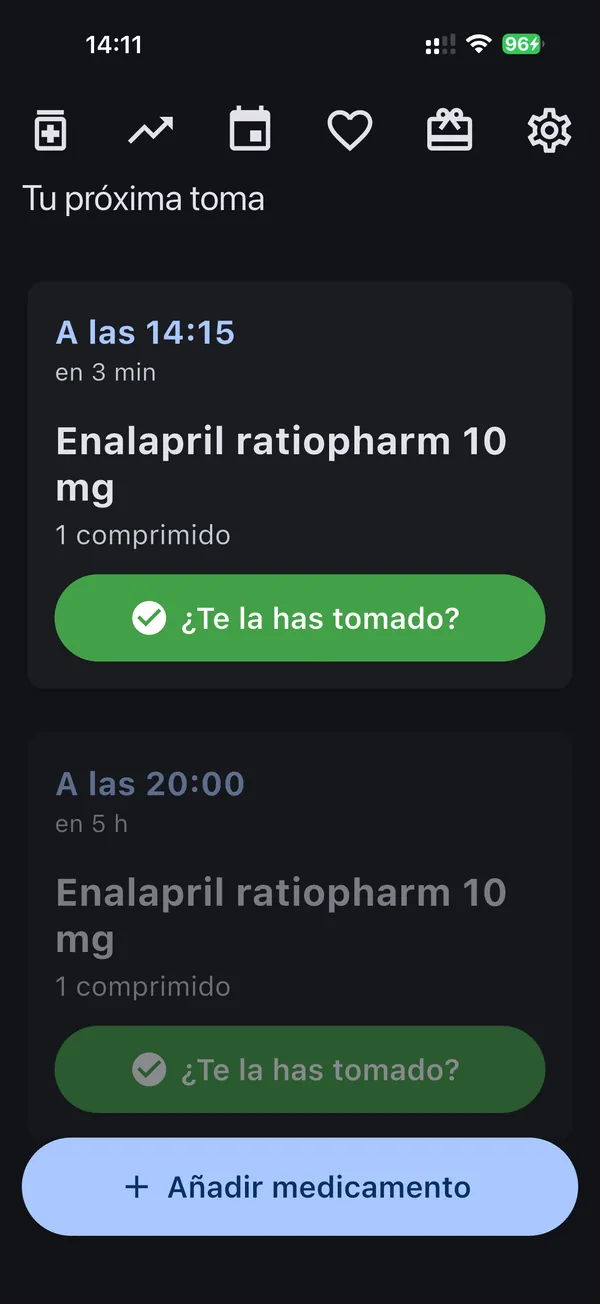 Pantalla principal de MeDiario con la próxima toma